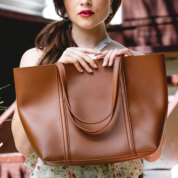 Henny and Lev Vegan Leather Danielle Tote Bag in Cognac - Picture 2 of 10